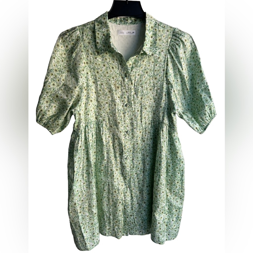 Zara Girls Shimmering Floral Dress with Puffy Sleeves Size 13/14